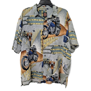 Harley Davidson Vtg Men's Gray Hawaiian Motorcycle Collage Style Shirt, Size 2XL